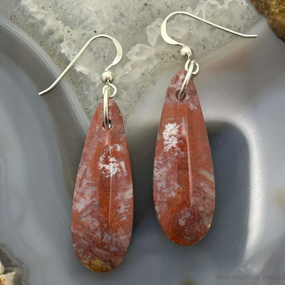 Sterling Silver Teardrop Plum Moss Agate Slab Dangle Earrings For Women #536